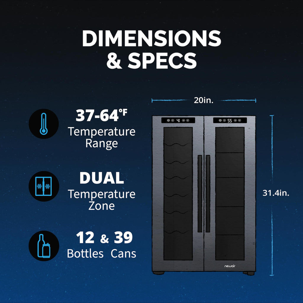 NewAir 20" Dual Zone Beverage Refrigerator & Wine Cooler for 12 Bottles & 39 Cans