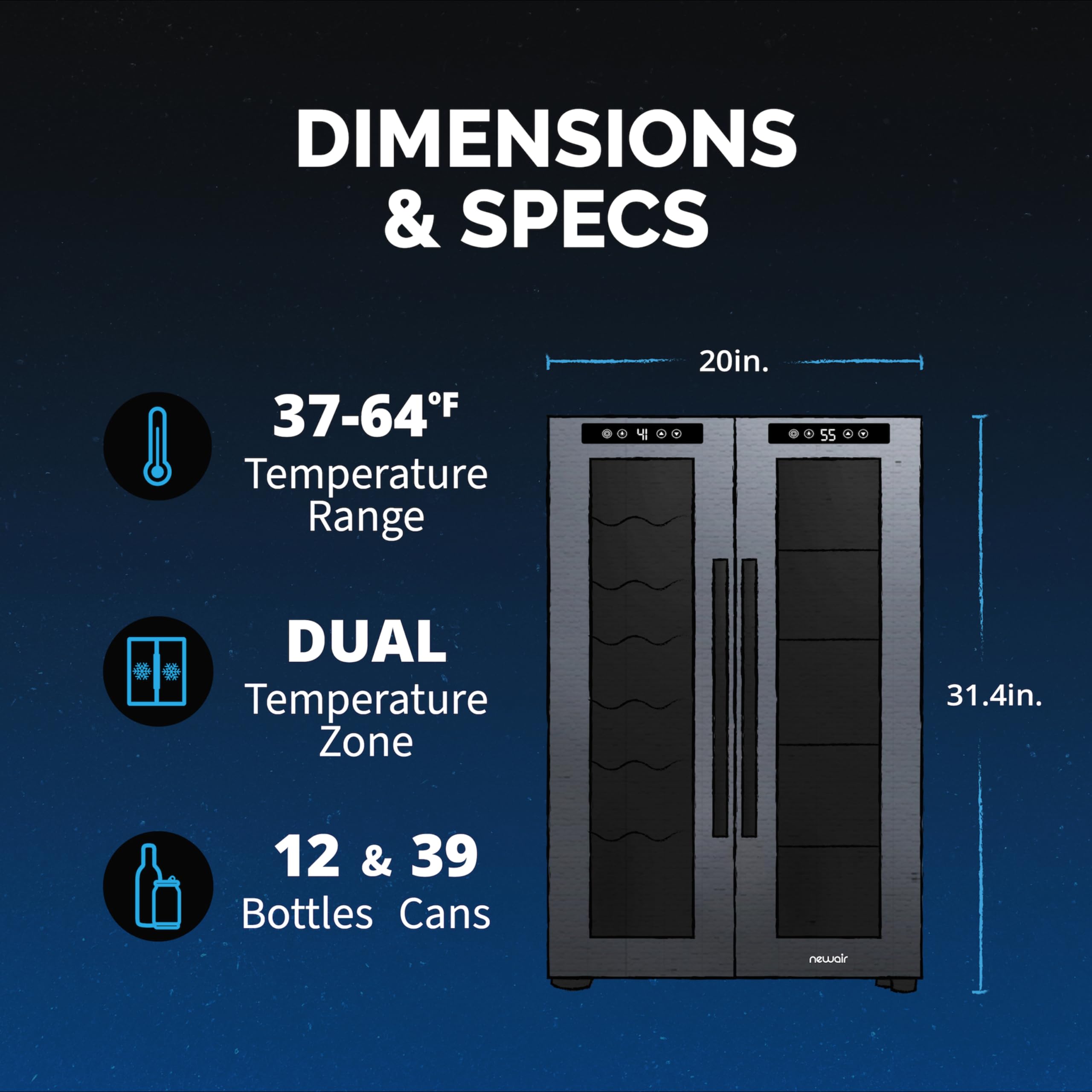 NewAir 20" Dual Zone Beverage Refrigerator & Wine Cooler for 12 Bottles & 39 Cans