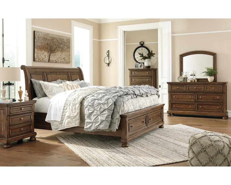 Ashley Flynnter Traditional 2 Drawer Nightstand with Hidden Pull-Out Tray, 30" Tall, Tobacco Brown