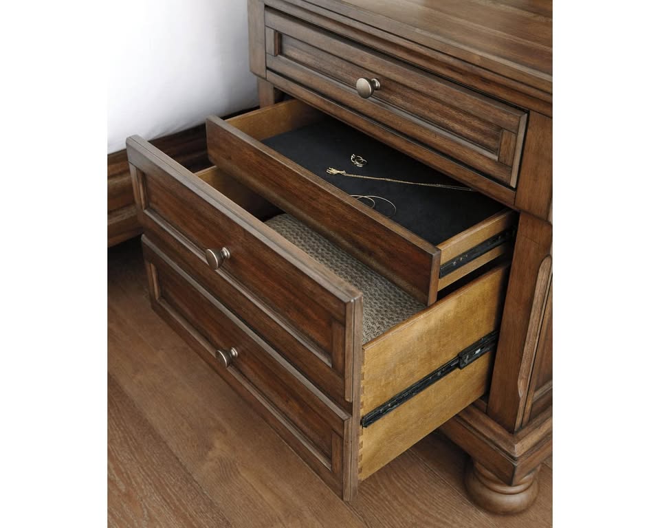Ashley Flynnter Traditional 2 Drawer Nightstand with Hidden Pull-Out Tray, 30" Tall, Tobacco Brown