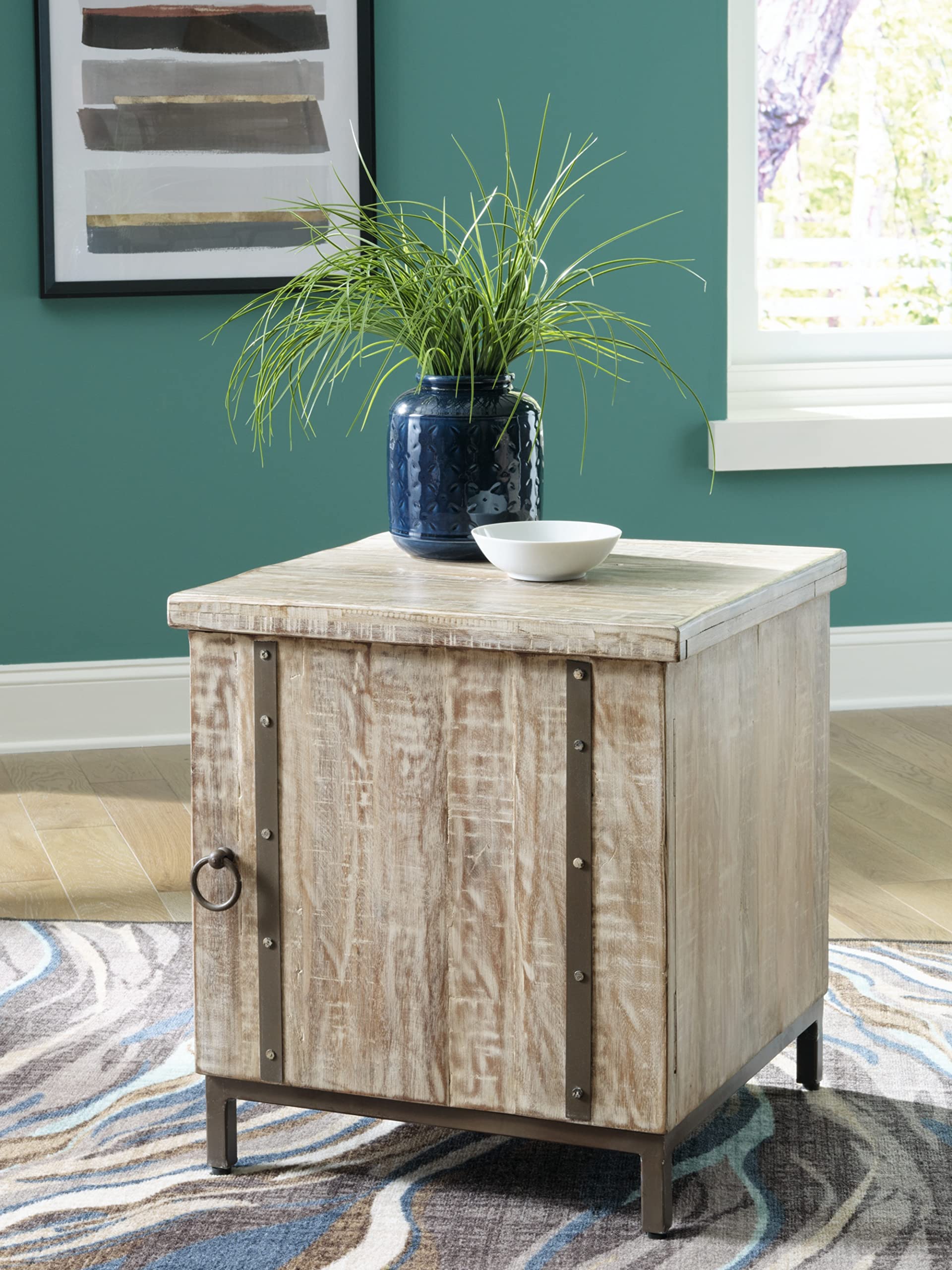 Signature Design by Ashley Laddford Rustic Chic Accent Cabinet or End Table, Whitewash